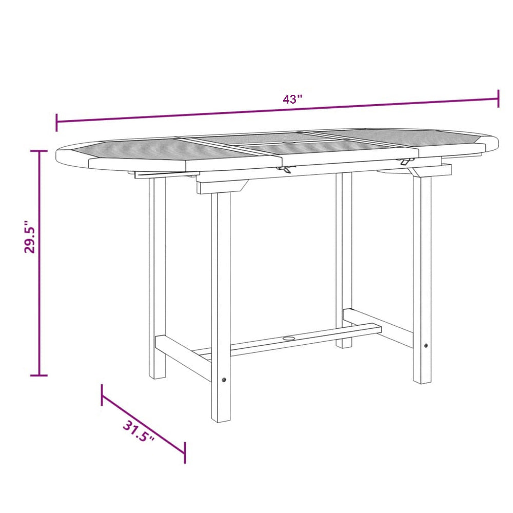 Outdoor Dining Table, 43-63 Inch Extendable Oval Top, Sanded Teak Wood - BM326344