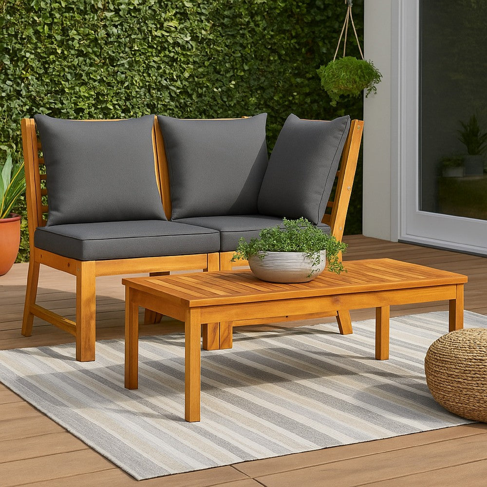 Kio 3pc Outdoor Sofa and Coffee Table Set Dark Gray, Solid Acacia Wood -BM326383