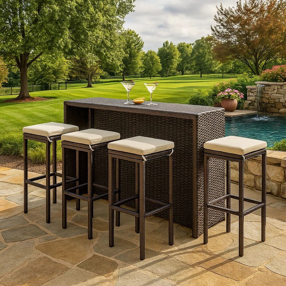 Vian Outdoor Barstool Set of 4, Brown Poly Rattan, Cream Polyester -BM326385