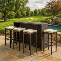 Vian Outdoor Barstool Set of 4, Brown Poly Rattan, Cream Polyester -BM326385