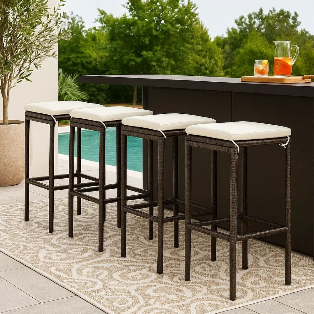Vian Outdoor Barstool Set of 4, Brown Poly Rattan, Cream Polyester -BM326385