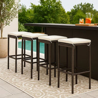 Vian Outdoor Barstool Set of 4, Brown Poly Rattan, Cream Polyester -BM326385