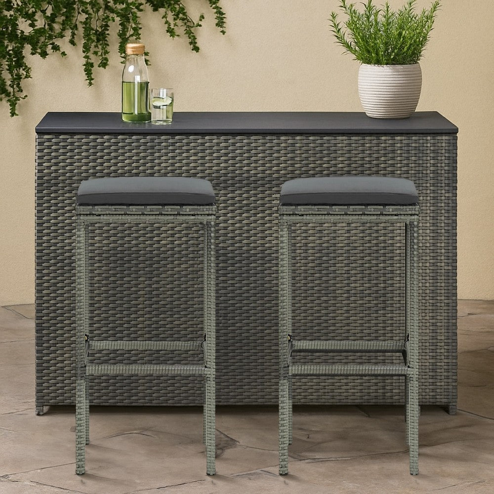 Vian Outdoor Barstool Set of 2, Gray Poly Rattan and Polyester Seats -BM326386