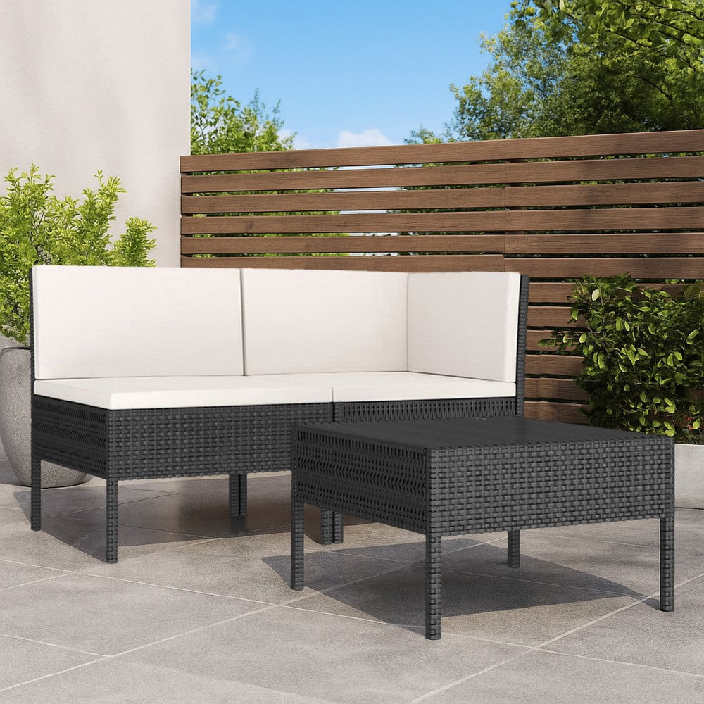Doja 3pc Outdoor Loveseat and Coffee Table Set, Black Rattan, White -BM326404