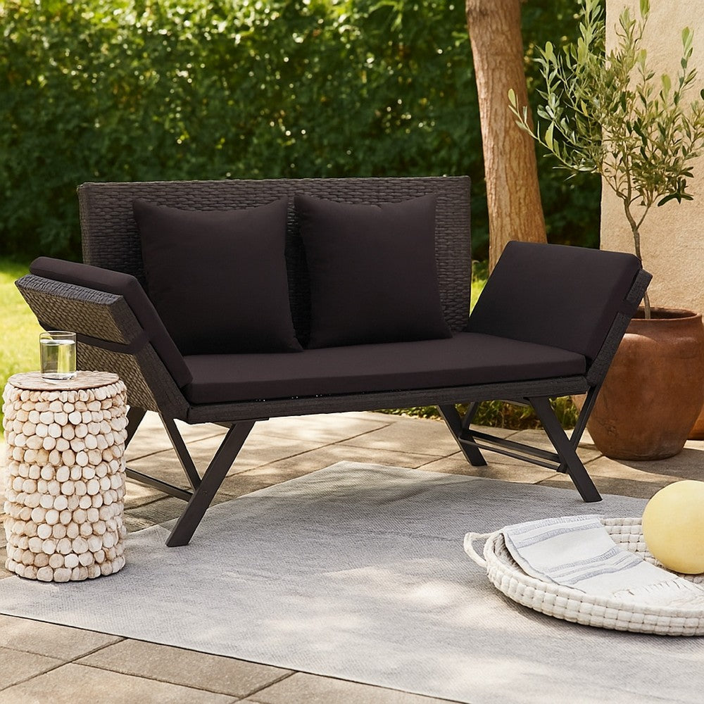 Outdoor Loveseat Bench, Black Fabric Cushions, Rattan, Steel, 51 Inch -BM326417