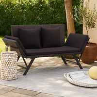 Outdoor Loveseat Bench, Black Fabric Cushions, Rattan, Steel, 51 Inch -BM326417
