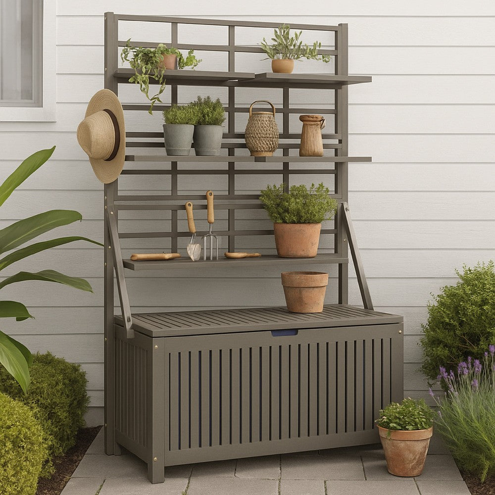 Garden Storage Box with Trellis, Shelves, Gray Acacia Wood, 63 Inch -BM326435