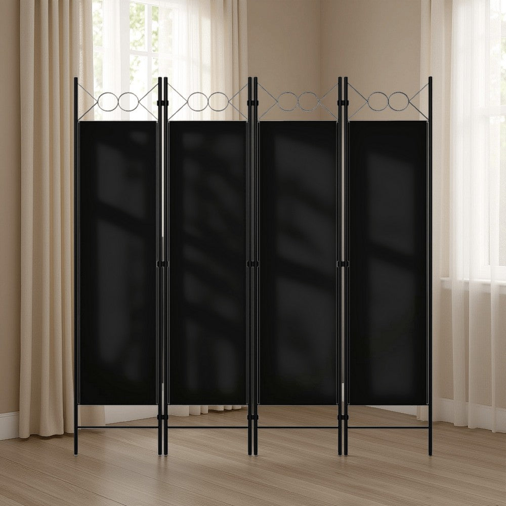 Dina 4 Panel Room Divider Screen, Black Fabric, Iron Frame, 63 Inch -BM326441