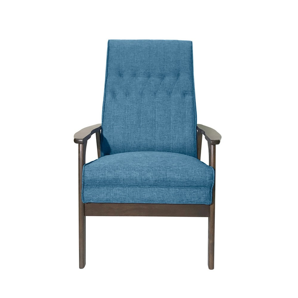 Accent Chair with Blue Fabric, Tufted Blue Fabric, Brown Rubberwood -BM326464