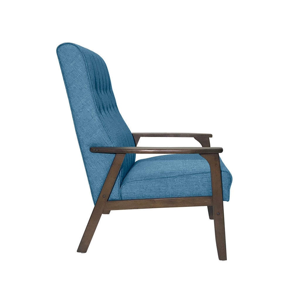 Accent Chair with Blue Fabric, Tufted Blue Fabric, Brown Rubberwood -BM326464