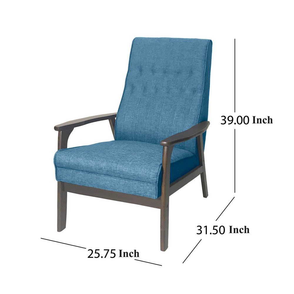 Accent Chair with Blue Fabric, Tufted Blue Fabric, Brown Rubberwood -BM326464