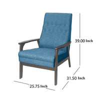 Accent Chair with Blue Fabric, Tufted Blue Fabric, Brown Rubberwood -BM326464