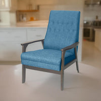 Accent Chair with Blue Fabric, Tufted Blue Fabric, Brown Rubberwood -BM326464