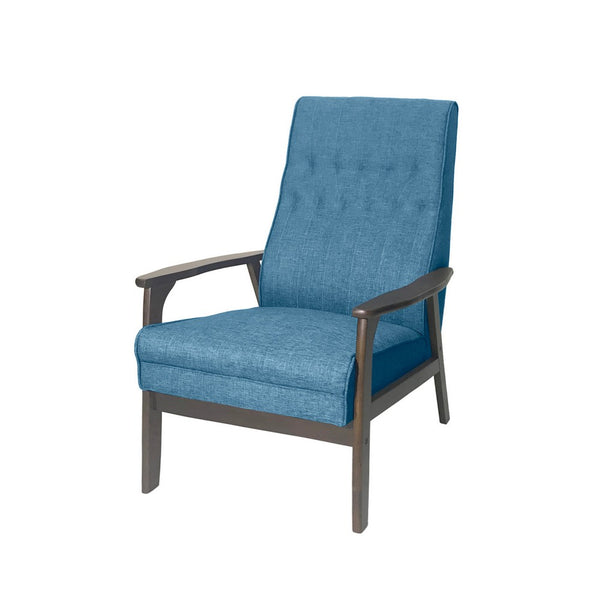 Accent Chair with Blue Fabric, Tufted Blue Fabric, Brown Rubberwood -BM326464