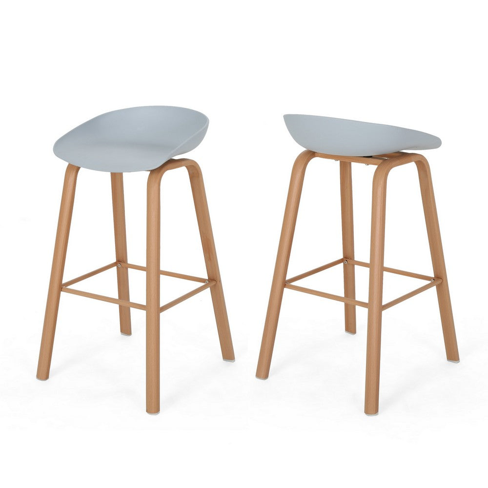 Barstool Set of 2, Light Gray Polypropylene Seat, Natural Brown Wood