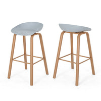 Barstool Set of 2, Light Gray Polypropylene Seat, Natural Brown Wood