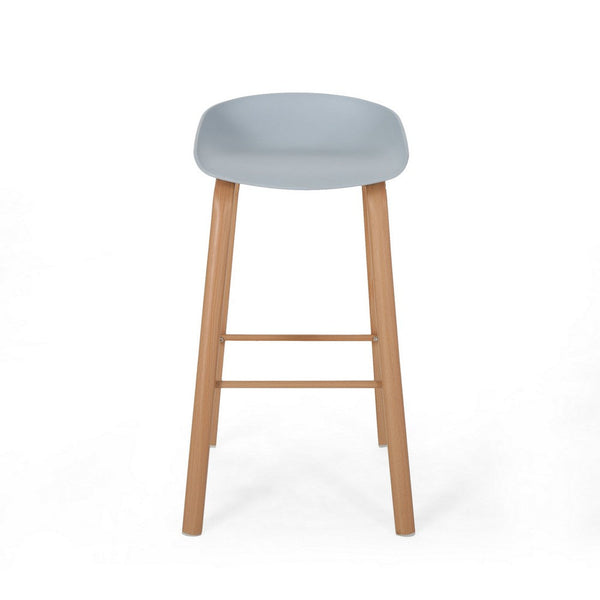 Barstool Set of 2, Light Gray Polypropylene Seat, Natural Brown Wood -BM326482