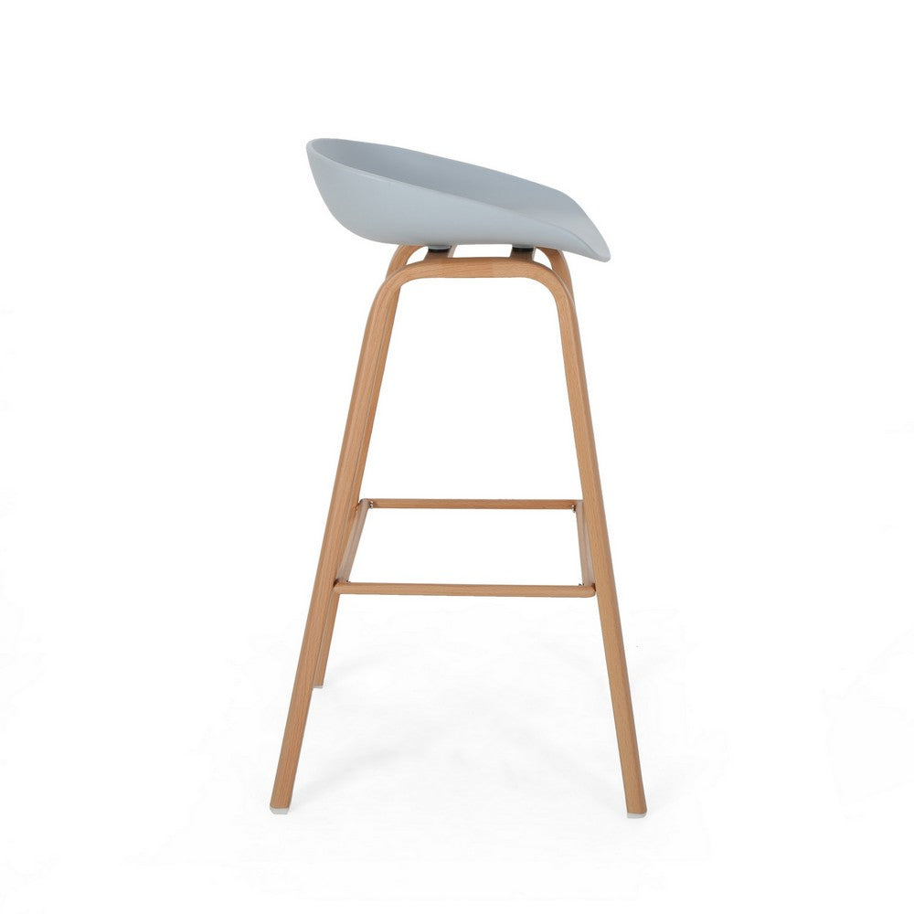 Barstool Set of 2, Light Gray Polypropylene Seat, Natural Brown Wood -BM326482