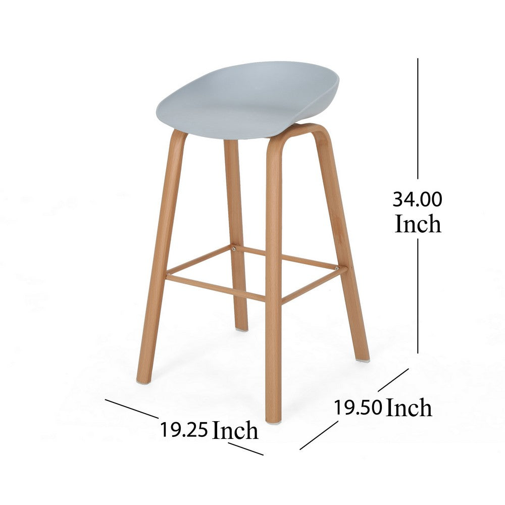 Barstool Set of 2, Light Gray Polypropylene Seat, Natural Brown Wood -BM326482