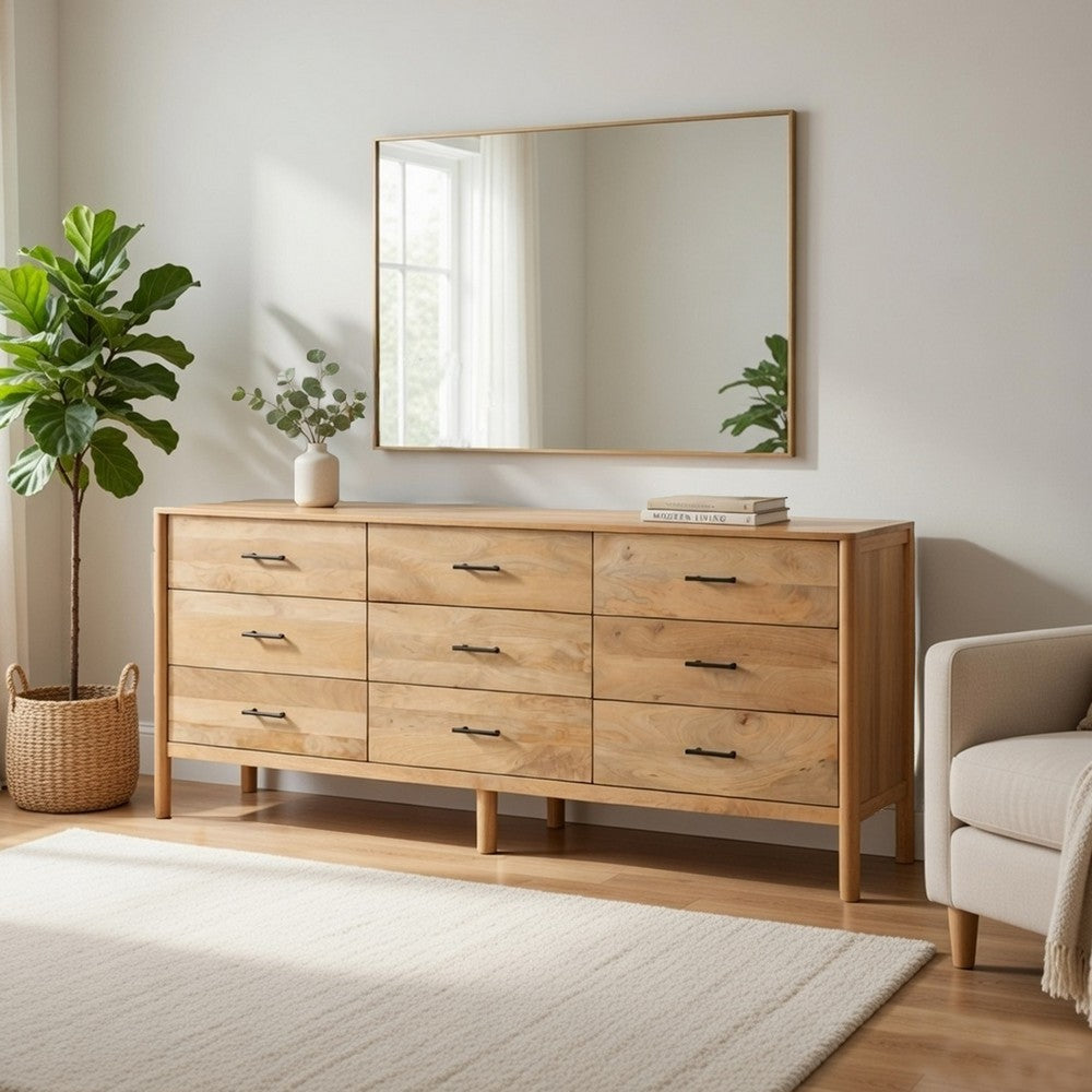 Geti 84 Inch Wide Dresser, 9 Spacious Drawers, Handcrafted Natural Oak White Mango Wood - BM326510