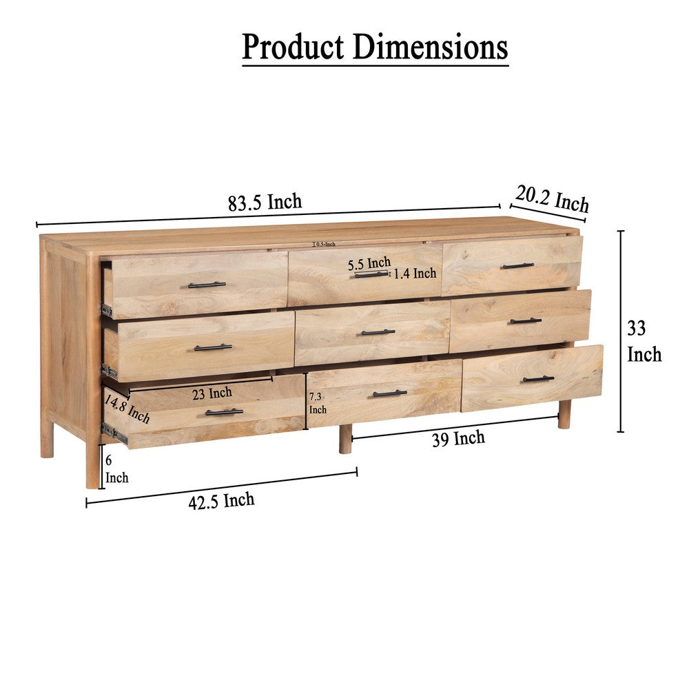 Geti 84 Inch Wide Dresser, 9 Spacious Drawers, Handcrafted Natural Oak White Mango Wood - BM326510