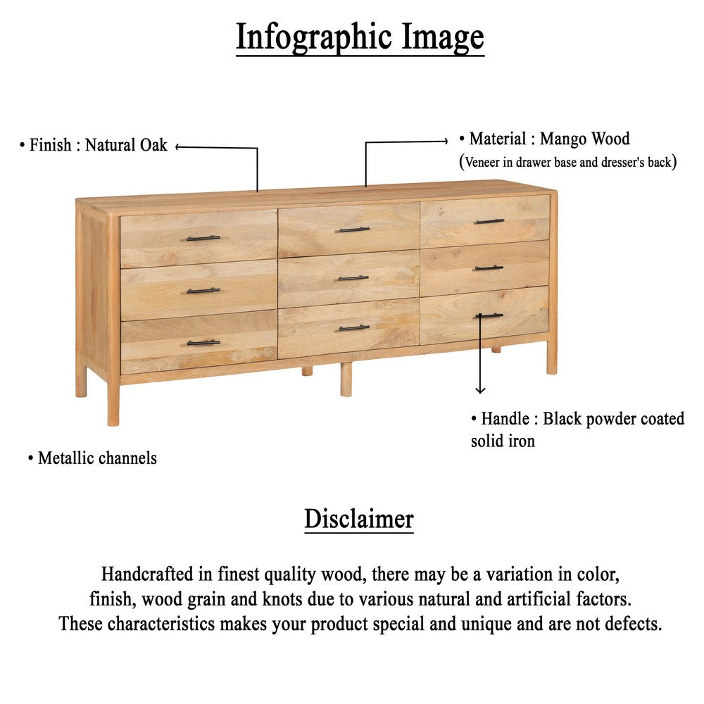 Geti 84 Inch Wide Dresser, 9 Spacious Drawers, Handcrafted Natural Oak White Mango Wood - BM326510