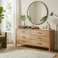 Geti 66 Inch Wide Dresser, 6 Drawers, Handcrafted Natural Oak White Mango Wood - BM326511