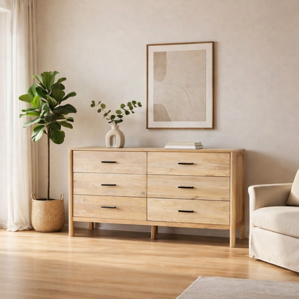Geti 66 Inch Wide Dresser, 6 Drawers, Handcrafted Natural Oak White Mango Wood - BM326511