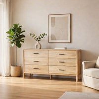 Geti 66 Inch Wide Dresser, 6 Drawers, Handcrafted Natural Oak White Mango Wood - BM326511