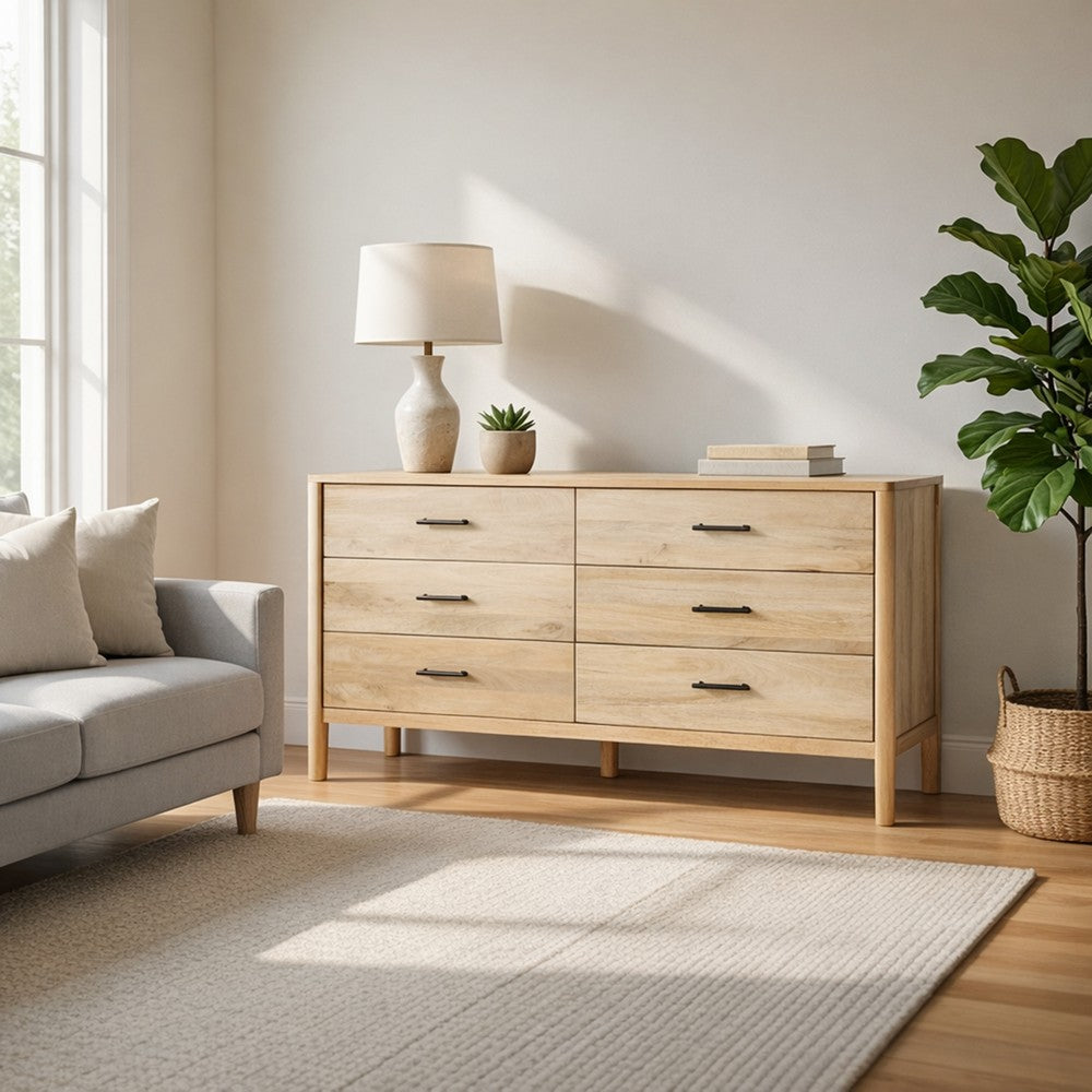 Geti 66 Inch Wide Dresser, 6 Drawers, Handcrafted Natural Oak White Mango Wood - BM326511