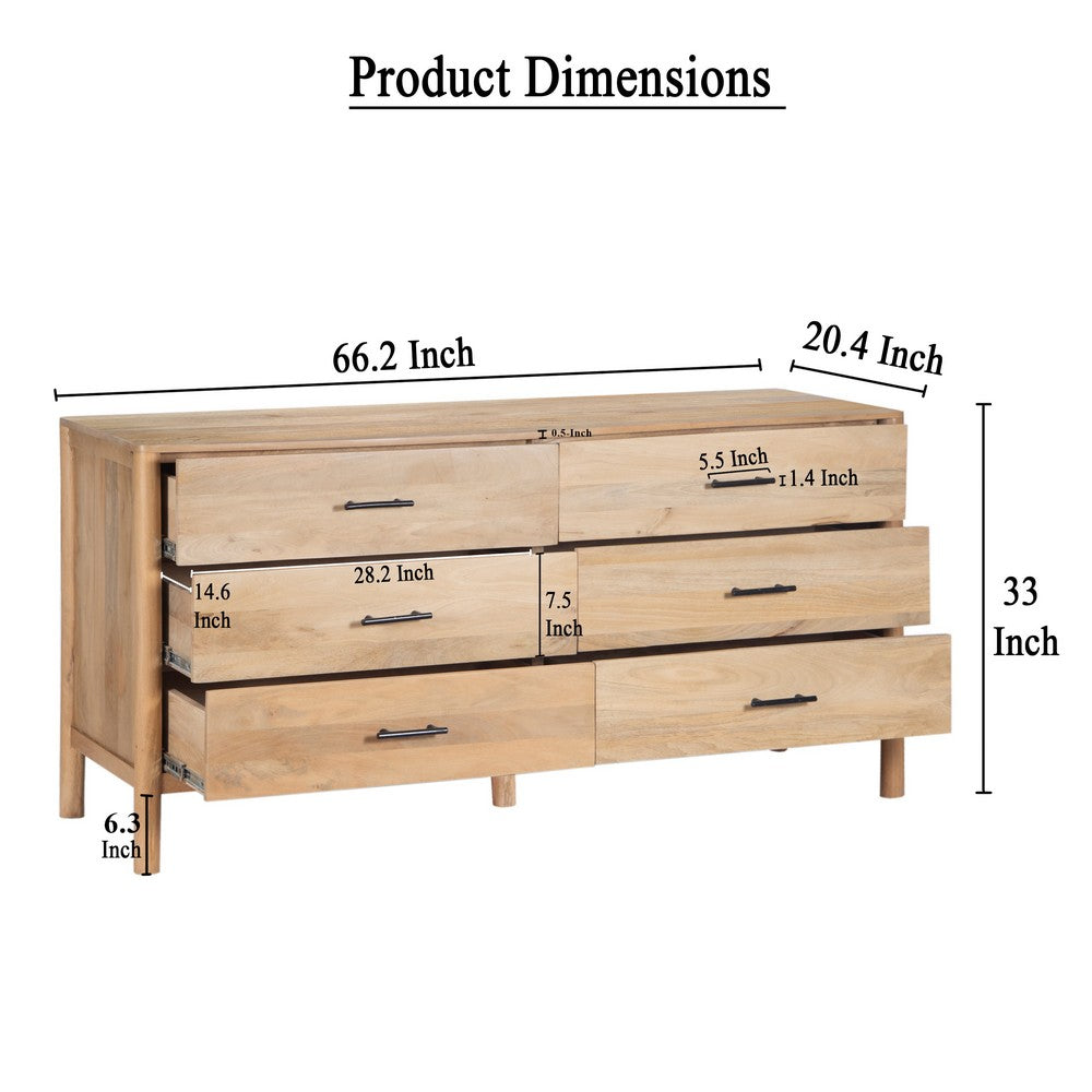 Geti 66 Inch Wide Dresser, 6 Drawers, Handcrafted Natural Oak White Mango Wood - BM326511