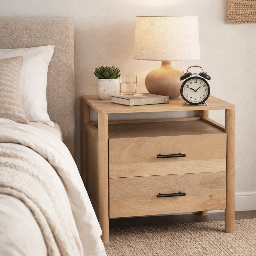 Geti 29 Inch Bedside Nightstand Table, 2 Drawer, Open Shelf, Handcrafted Natural Oak White Mango Wood - BM326512