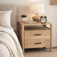 Geti 29 Inch Bedside Nightstand Table, 2 Drawer, Open Shelf, Handcrafted Natural Oak White Mango Wood - BM326512