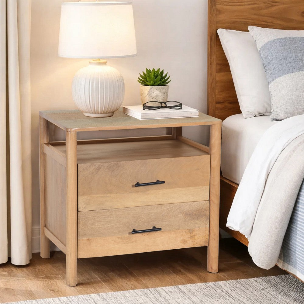 Geti 29 Inch Bedside Nightstand Table, 2 Drawer, Open Shelf, Handcrafted Natural Oak White Mango Wood - BM326512