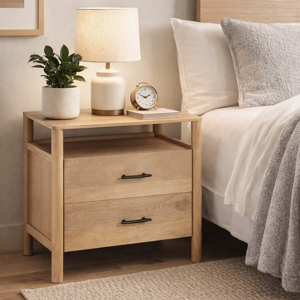 Geti 29 Inch Bedside Nightstand Table, 2 Drawer, Open Shelf, Handcrafted Natural Oak White Mango Wood - BM326512