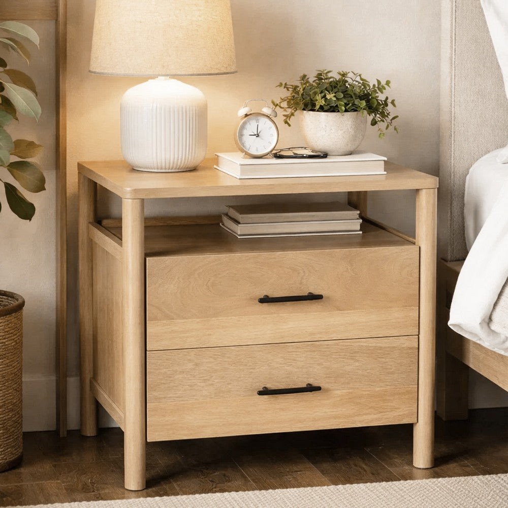 Geti 29 Inch Bedside Nightstand Table, 2 Drawer, Open Shelf, Handcrafted Natural Oak White Mango Wood - BM326512
