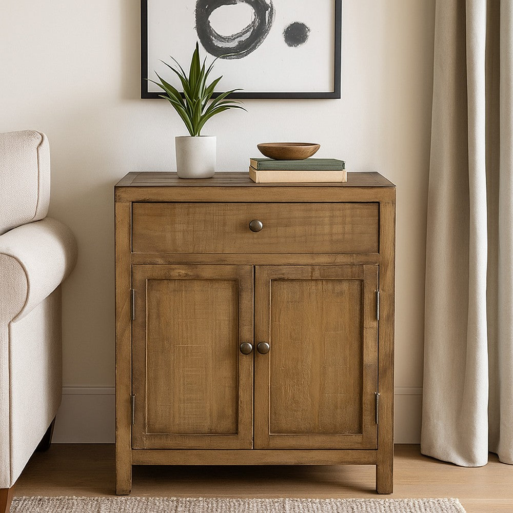 Lia Small Accent Cabinet, 2 Door, Drawer, Antique Style Natural Wood -BM326522