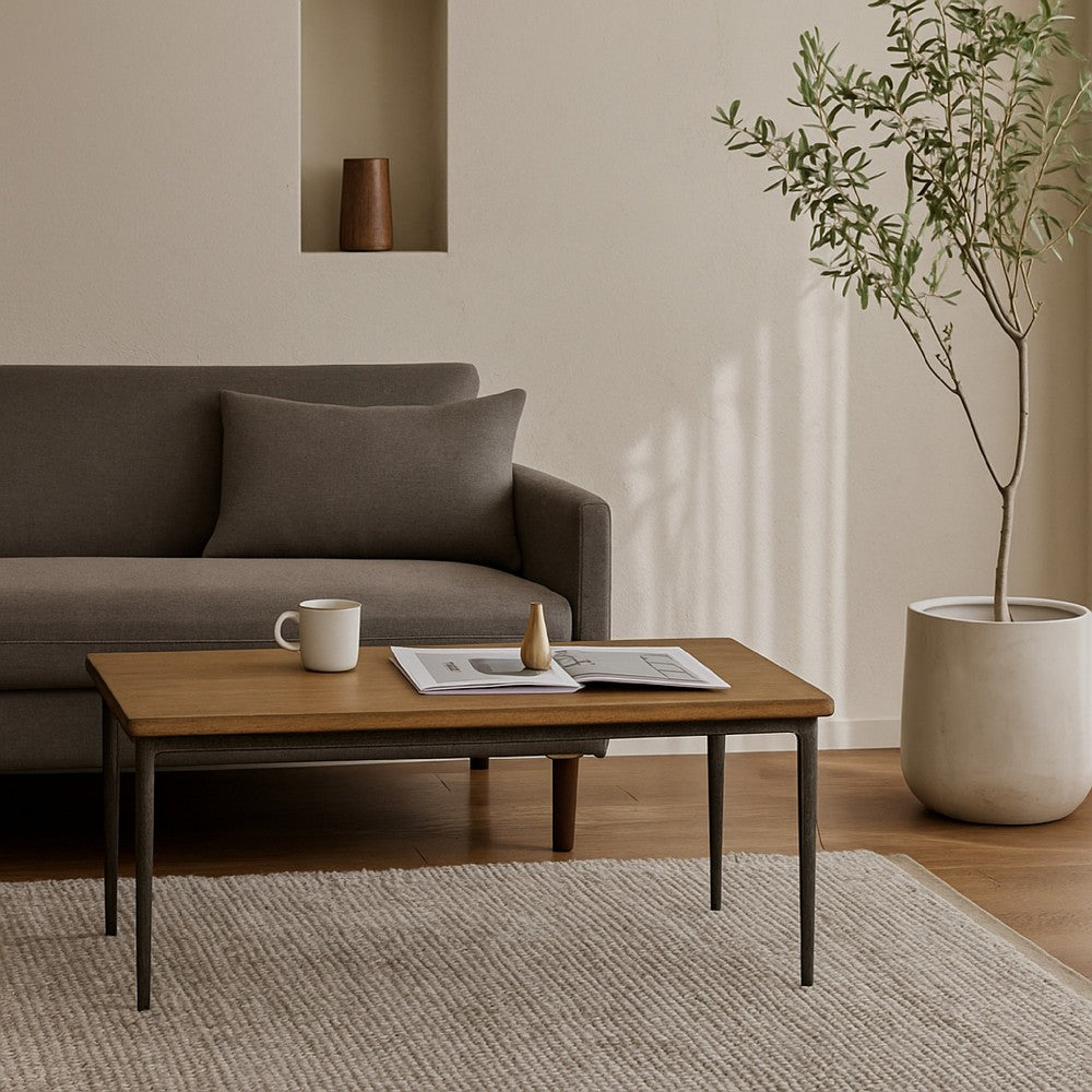 Lemy Coffee Table, 48 Inch Rectangular Brown Top, Black Metal Frame -BM326525