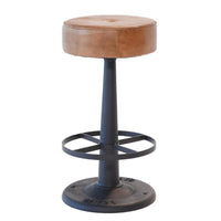 Counter Stool, Brown Goat Leather, Round Footrest, Black Iron Pedestal -BM326535