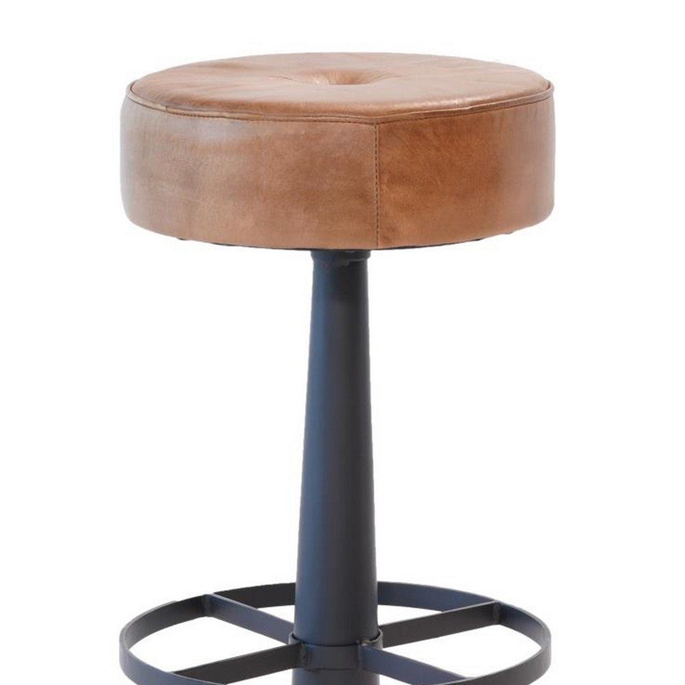 Counter Stool, Brown Goat Leather, Round Footrest, Black Iron Pedestal -BM326535