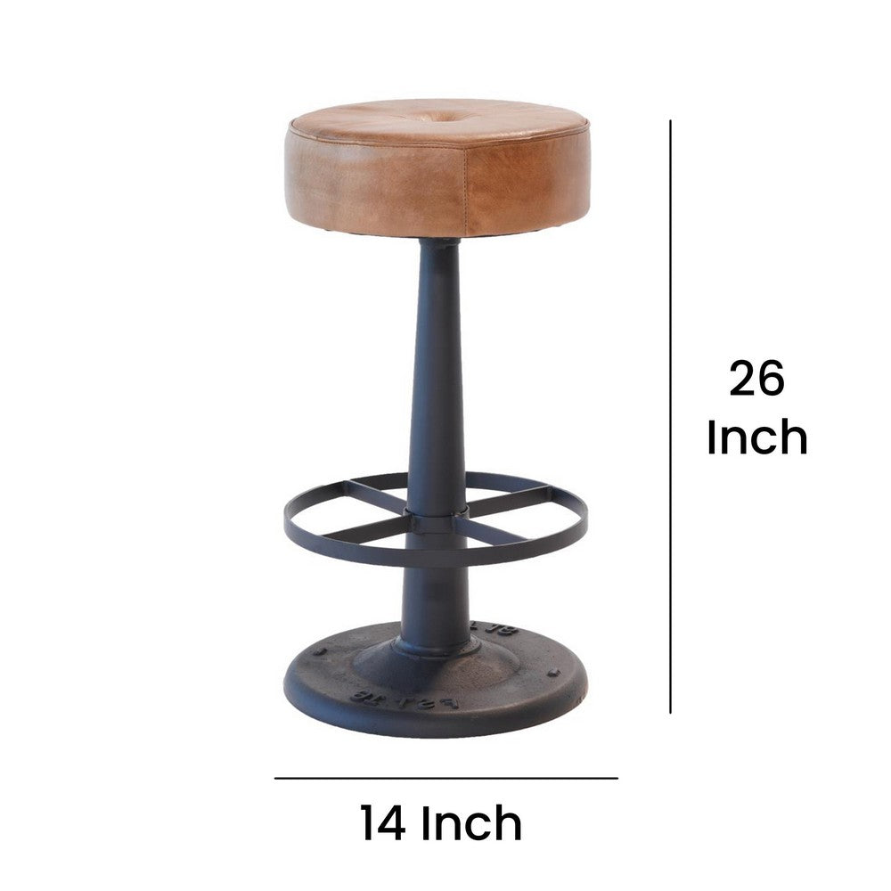 Counter Stool, Brown Goat Leather, Round Footrest, Black Iron Pedestal -BM326535