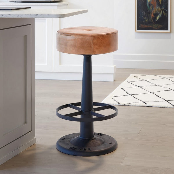 Counter Stool, Brown Goat Leather, Round Footrest, Black Iron Pedestal -BM326535