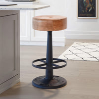 Counter Stool, Brown Goat Leather, Round Footrest, Black Iron Pedestal -BM326535