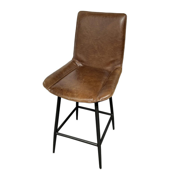 Swivel Counter Stool Chair, Brown Faux Leather Upholstery, Black Iron -BM326544