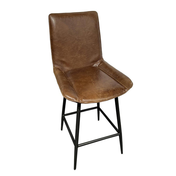 Swivel Counter Stool Chair, Brown Faux Leather Upholstery, Black Iron -BM326544