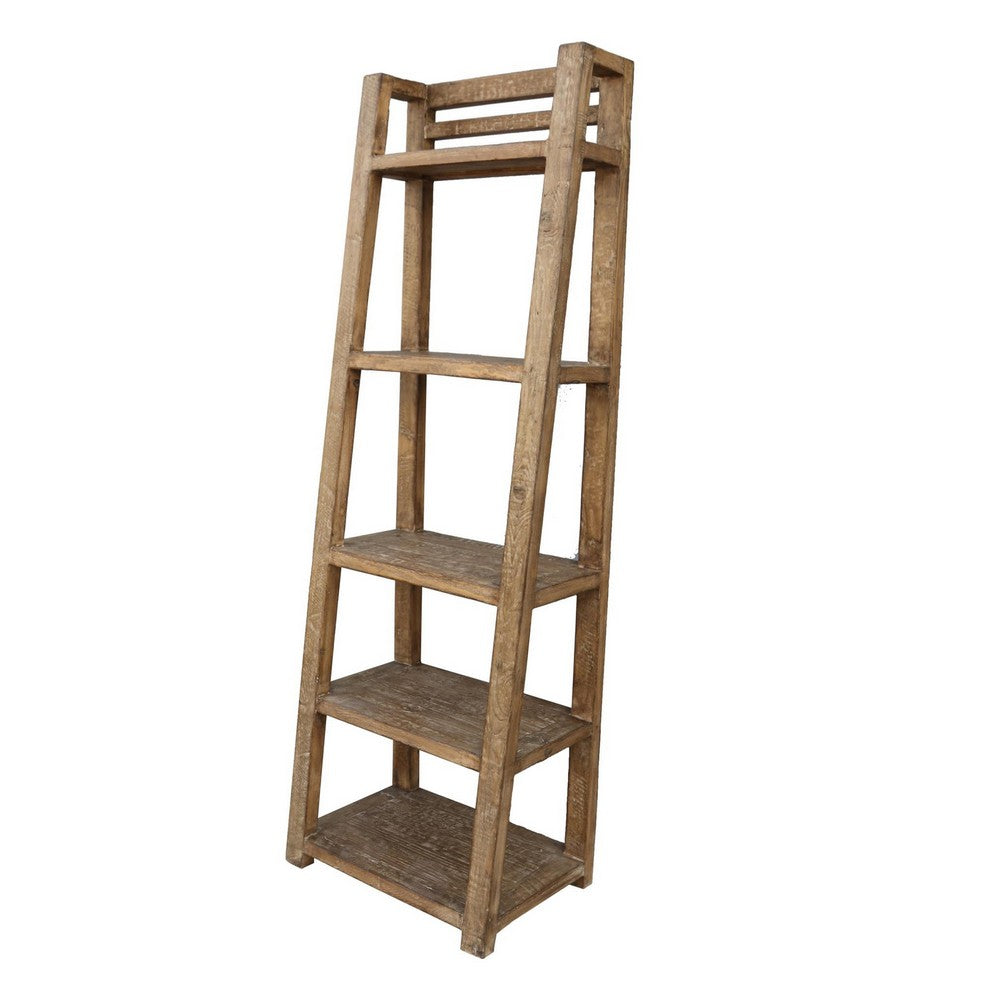 Bookcase, 5 Tier Ladder Shelves, Rustic Natural Brown Wood, 72 Inch -BM326545