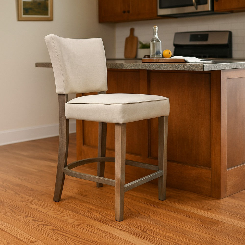 Rea Counter Stool Chair, Beige Fabric, Classic Graywash Solid Wood -BM326606