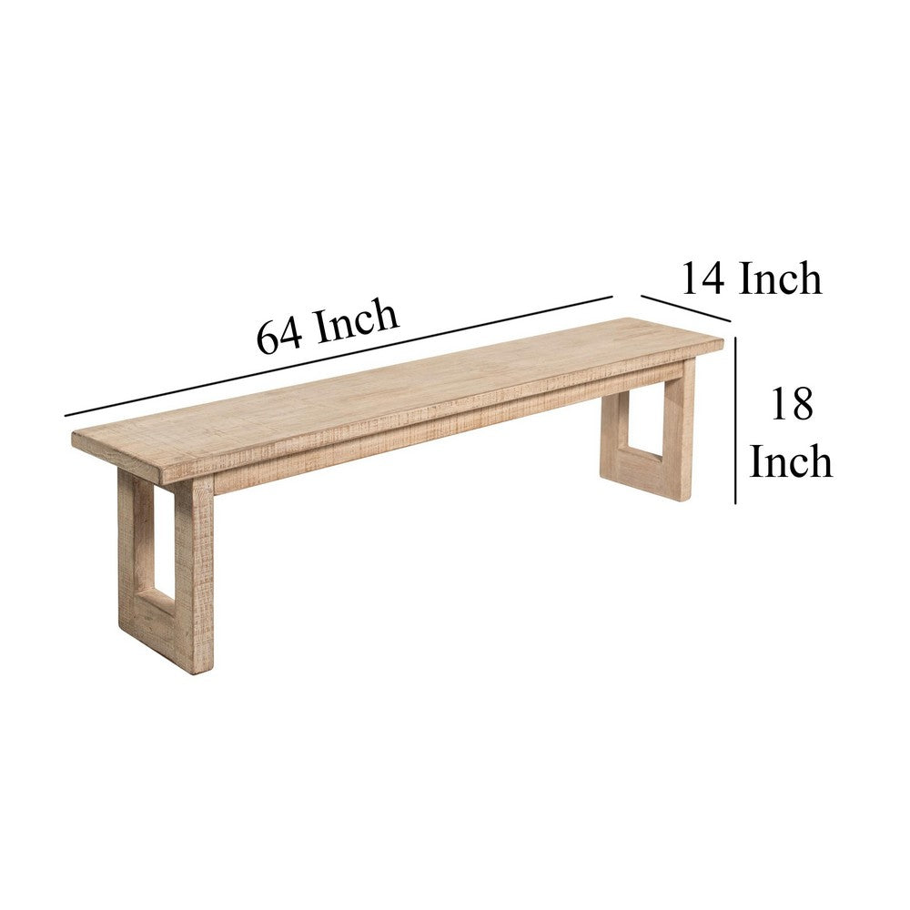 Fini Dining Bench, 64 Inch Pine Wood Frame, Sled Base, Whitewash Brown -BM326611