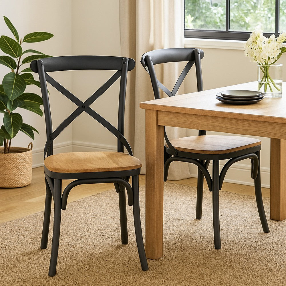 Vaya Dining Side Chair Set of 2, Rustic Cross Back, Black Iron Frame -BM326613