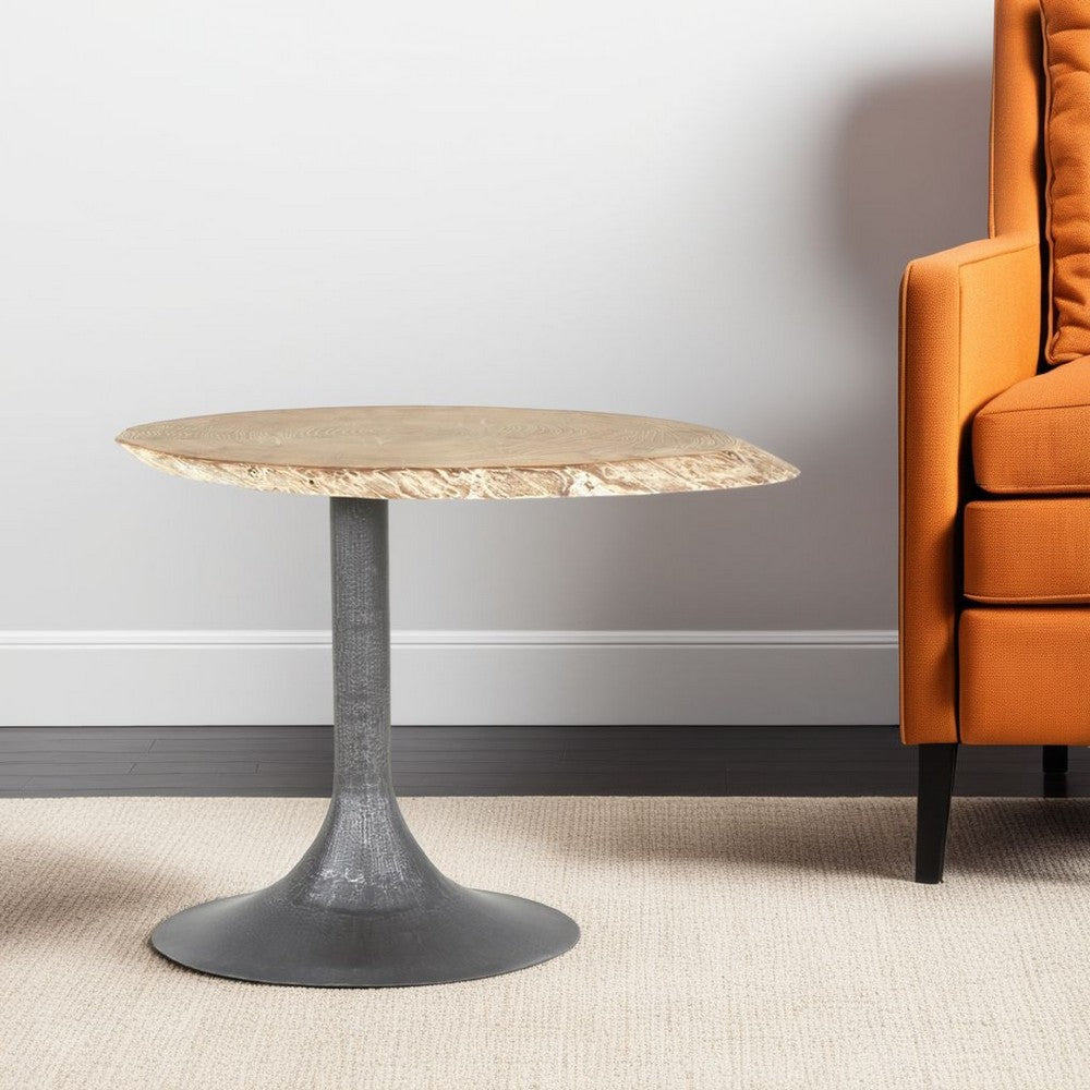 Lume Side End Table with Metal Trumpet Base, Gray Washed Live Edge Top -BM326620
